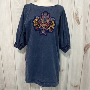 Zara Beaded Embroidered Appliqué Dark Wash Chambray Dress - Size Medium